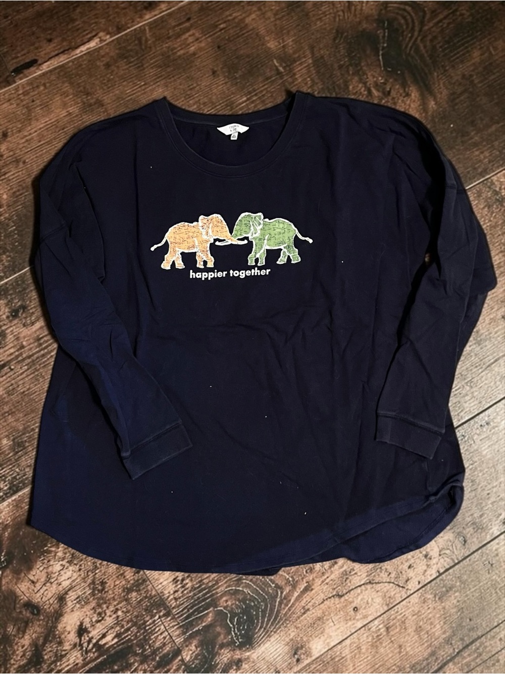 crown & ivy Navy Long Sleeve Tee with Orange and Green Elephant Motif